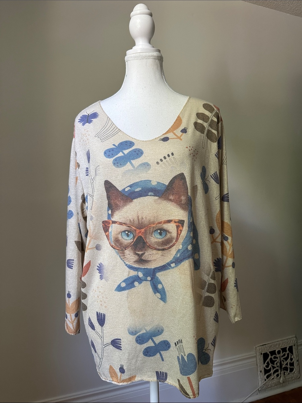 VIA VITALE Made in Italy Grandma Cat Glasses Floral Novelty Artsy Long Sleeve XL